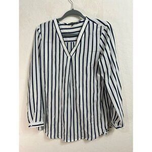 Adrianna Papell S V Neck Blouse Tunic Navy White Stripe Nautical Office Career W
